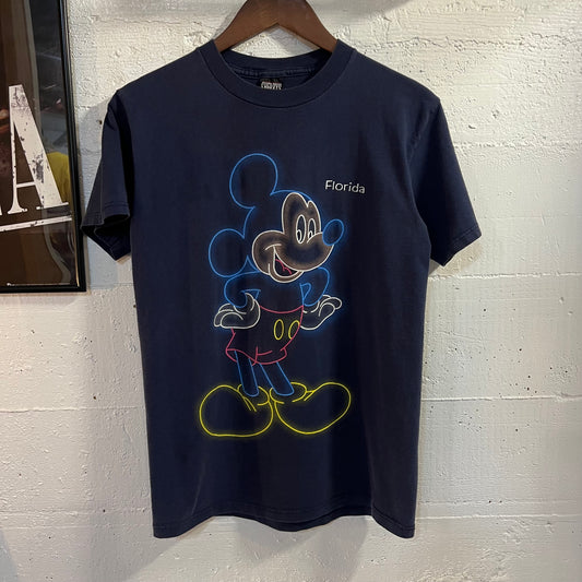 Vintage 90's Neon Light Disney Mickey Mouse 'Florida' Graphic T-Shirt - Size Small - Made In USA - Navy