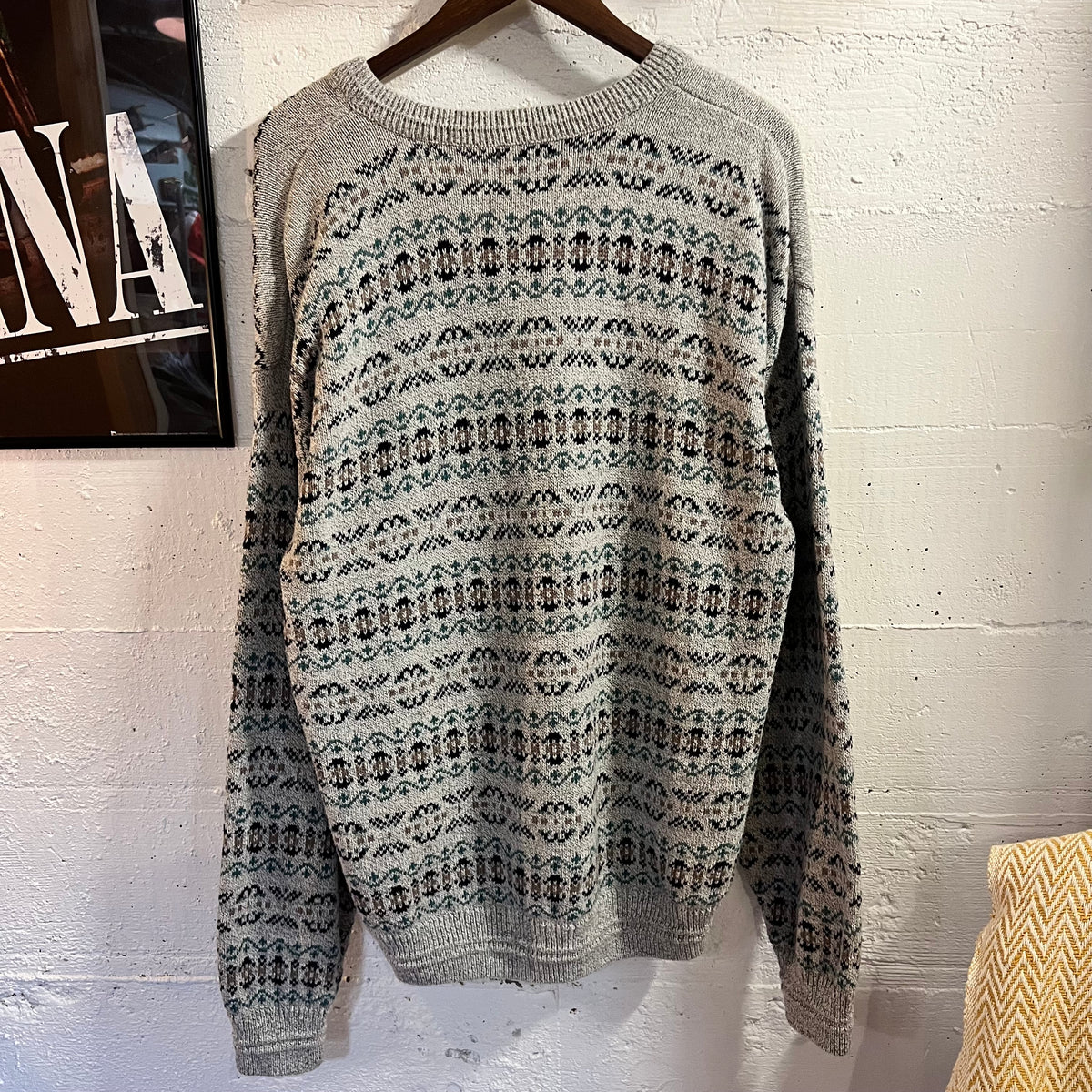 Vintage 90’s Jantzen Fair Isle Geometric Knitted V-Neck Sweater - Size Large - Made In USA - Grey/Blue/Black/Tan