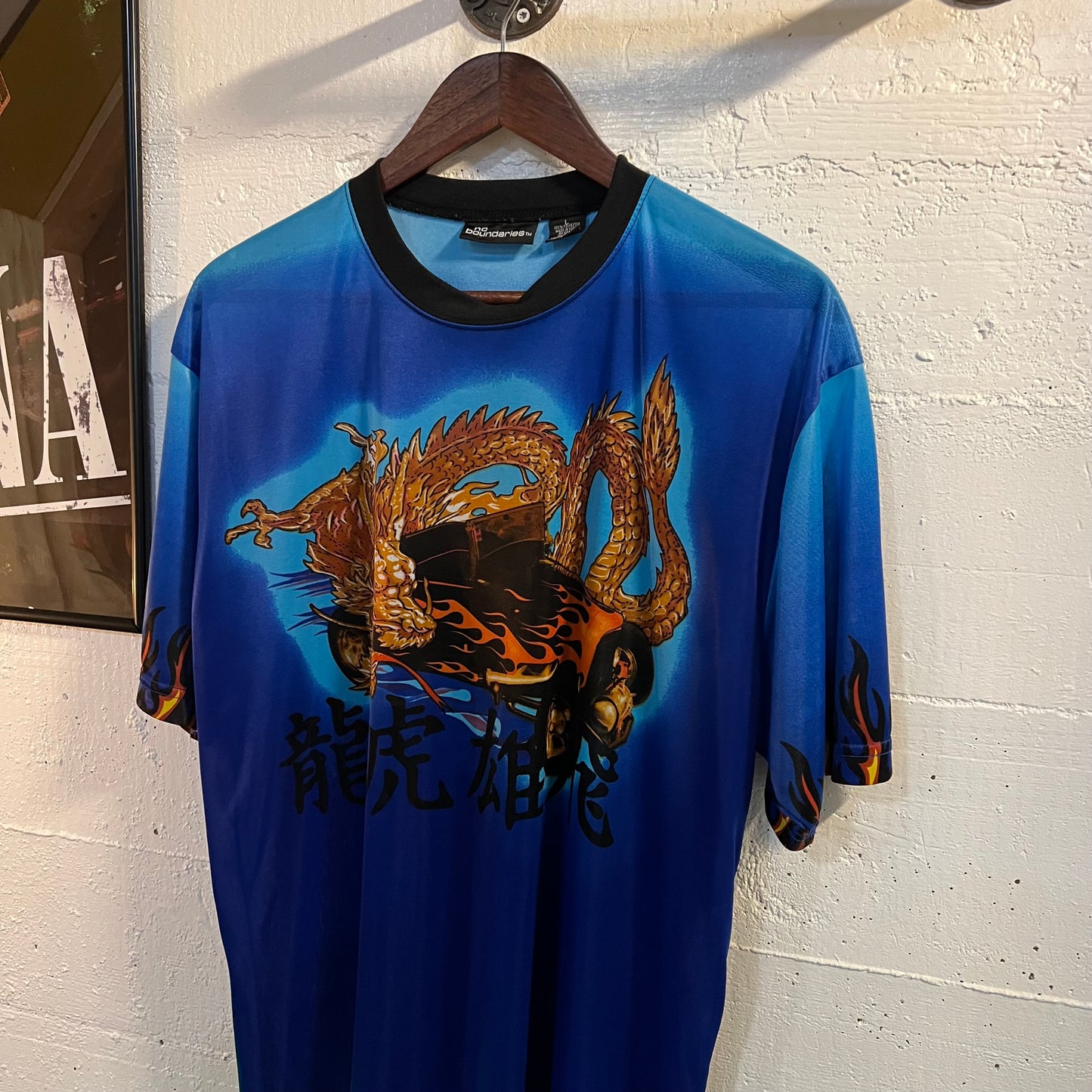 Vintage Y2K Fine Sheer Mesh Dragon Kanji Hot Rod T-Shirt - Size Large - Blue/Multi