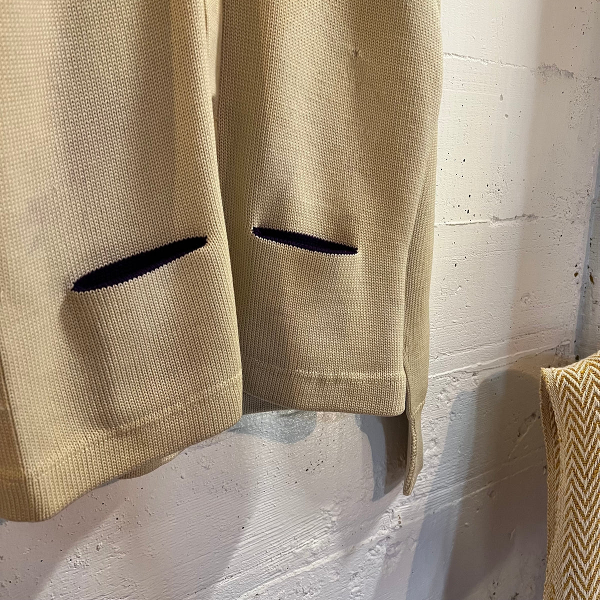 True Vintage Distressed 1950's Kandel Knitting Mills Virgin Wool Varsity Letterman Cardigan Sweater - Size Large - Made In USA - Off-White/Cream/Purple