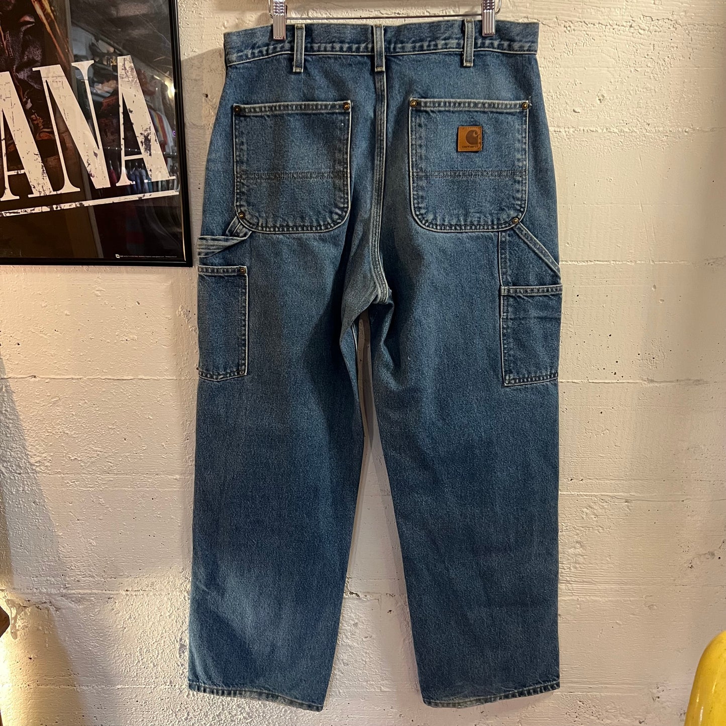 2000's Distressed Carhartt Loose Original Fit Double Knee Denim Carpenter Jeans - Size 33" x 30" - Mid Wash Indigo