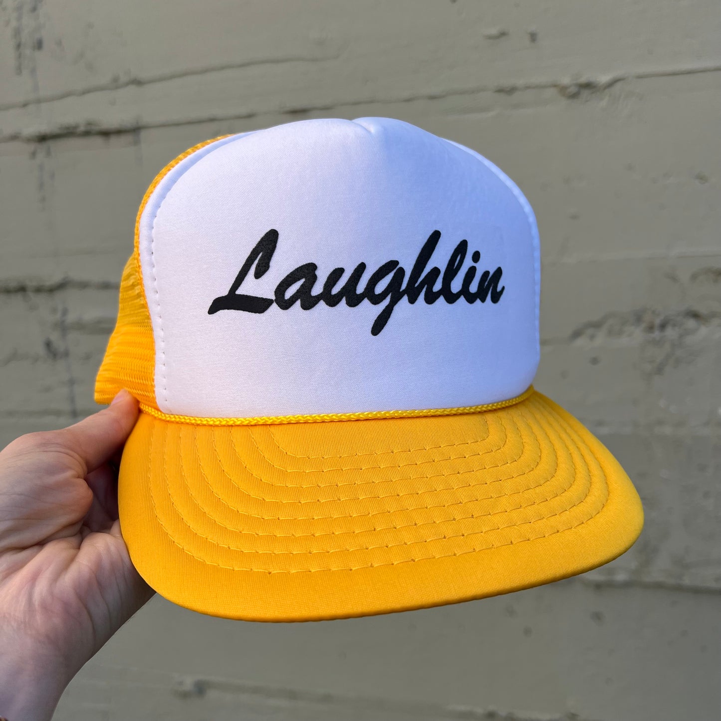 Vintage 1980's Laughlin Nevada Two Tone Mesh Back Trucker Hat - O/S - Yellow/White