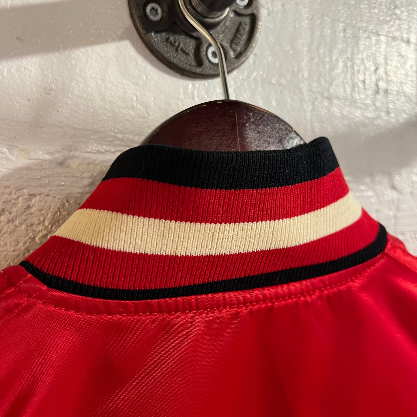 Vintage 1980's Starter Chicago Blackhawks Satin Bomber Jacket - Size Medium - Made In USA - Red/Black