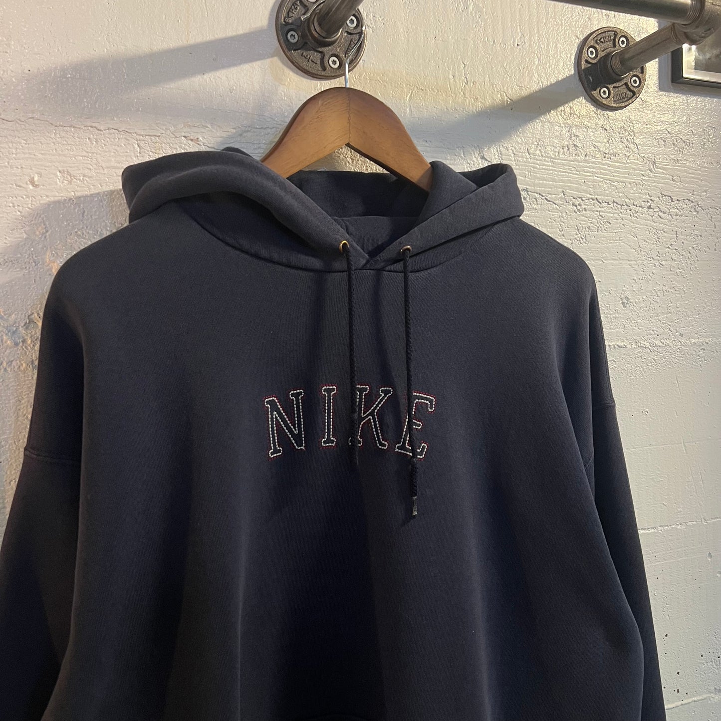 Vintage 90's Nike Spellout Embroidered 'Tracing' Distressed Hoodie Sweatshirt - Size Large - Made In USA - Navy