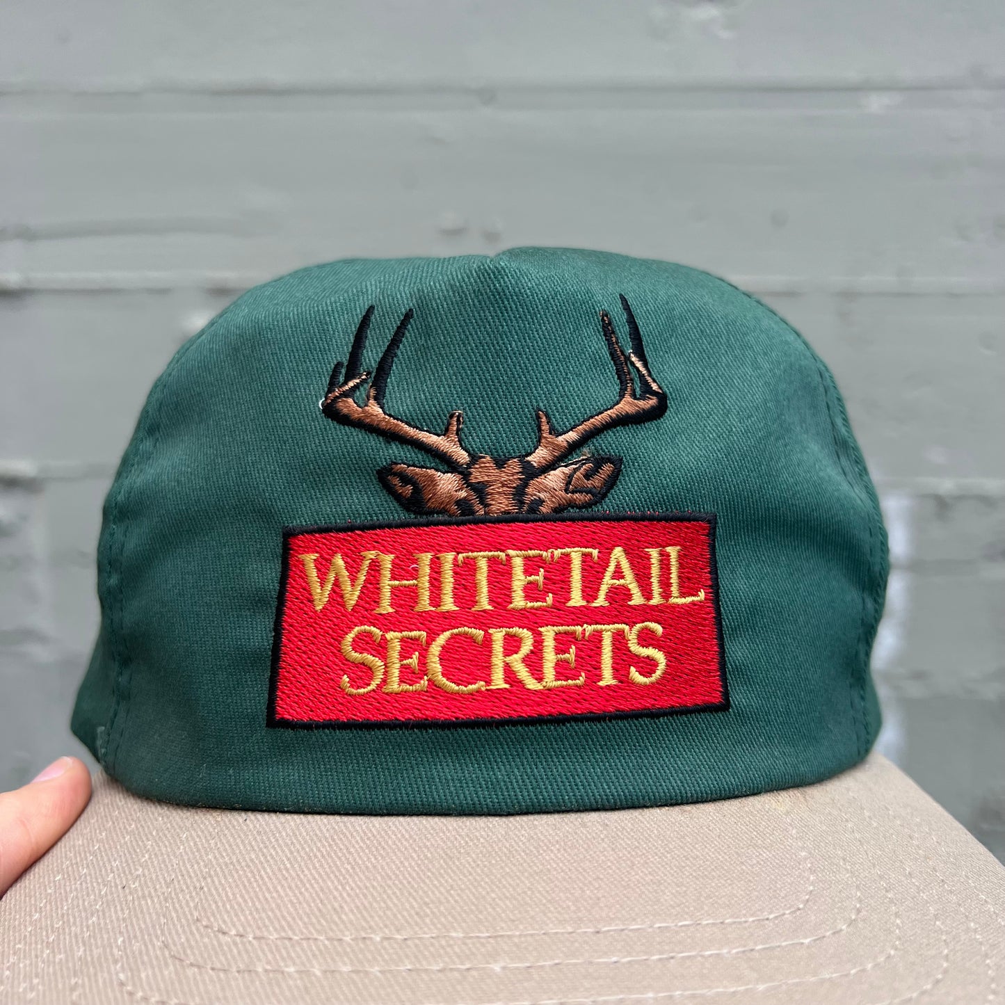 Vintage Embroidered Whitetail Secrets ‘Hunter Services’ 6-Panel Snap Back Trucker Hat - One Size Fits All - Made In USA - Green/Tan/Black