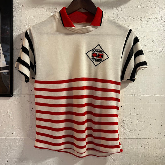 Vintage 80’s Embroidered Sailing Regatta Knitted Sweater Short Sleeve Shirt - Size Small - White/Red/Black