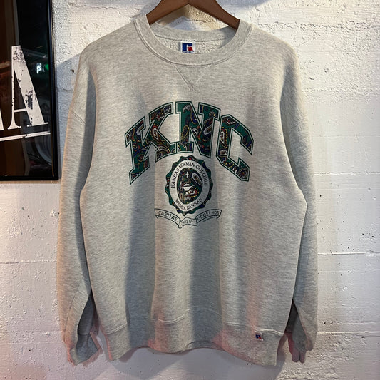 Vintage 90’s Russell Kansas Newman College ‘KNC’ Crewneck Sweatshirt - Size Large - Made In USA - Heather Grey/Multicolor