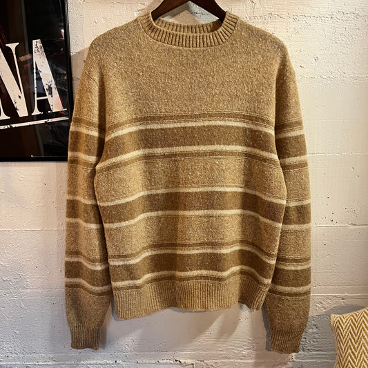 Vintage 80’s Jantzen Knitted Horizontal Striped Crewneck Sweater - Size XL - Beige/Cream/Light Brown