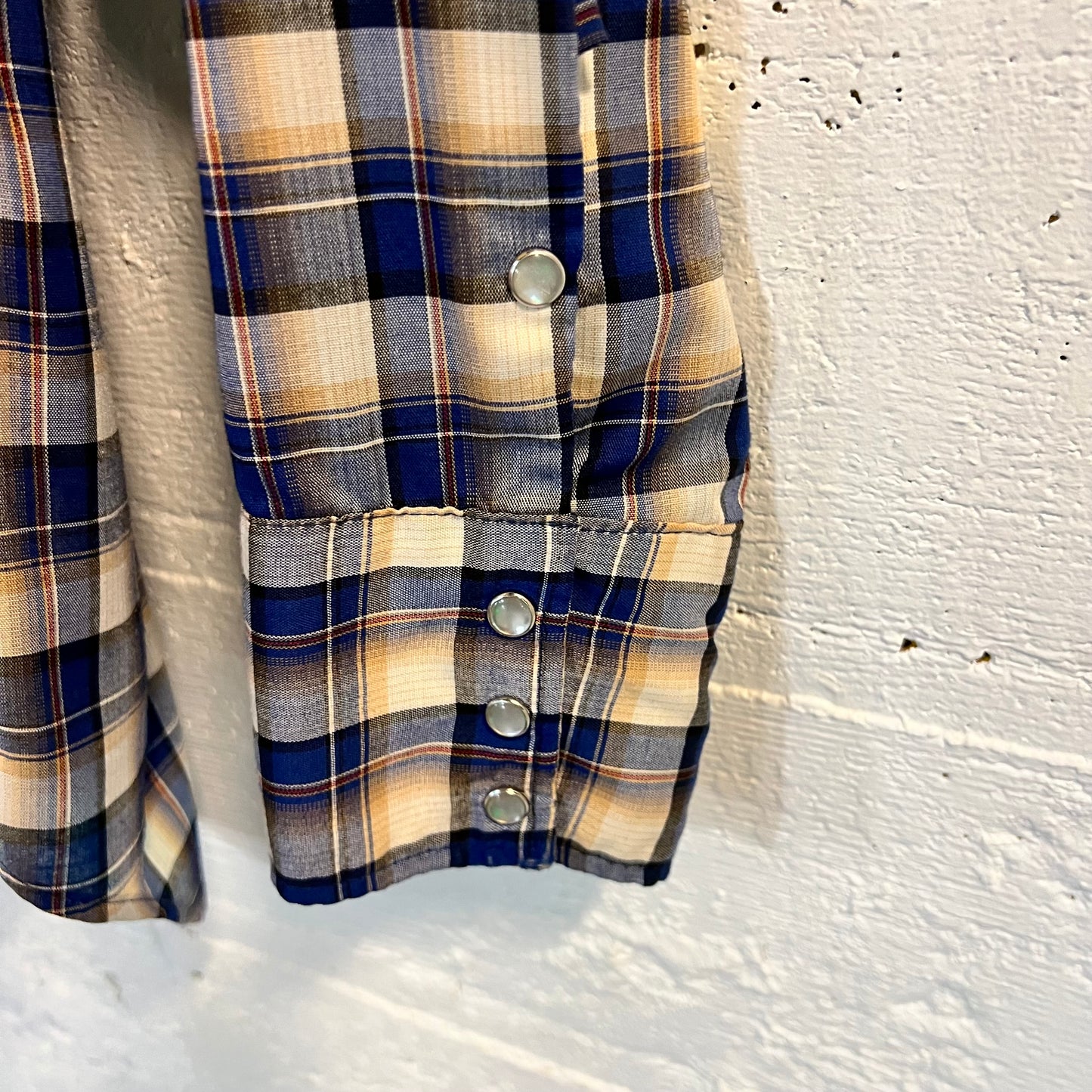 True Vintage 60's - 70's Sears Western Wear Plaid Pearl Snap Flannel - Size Medium - Made In USA - Blue/White/Yellow/Orange