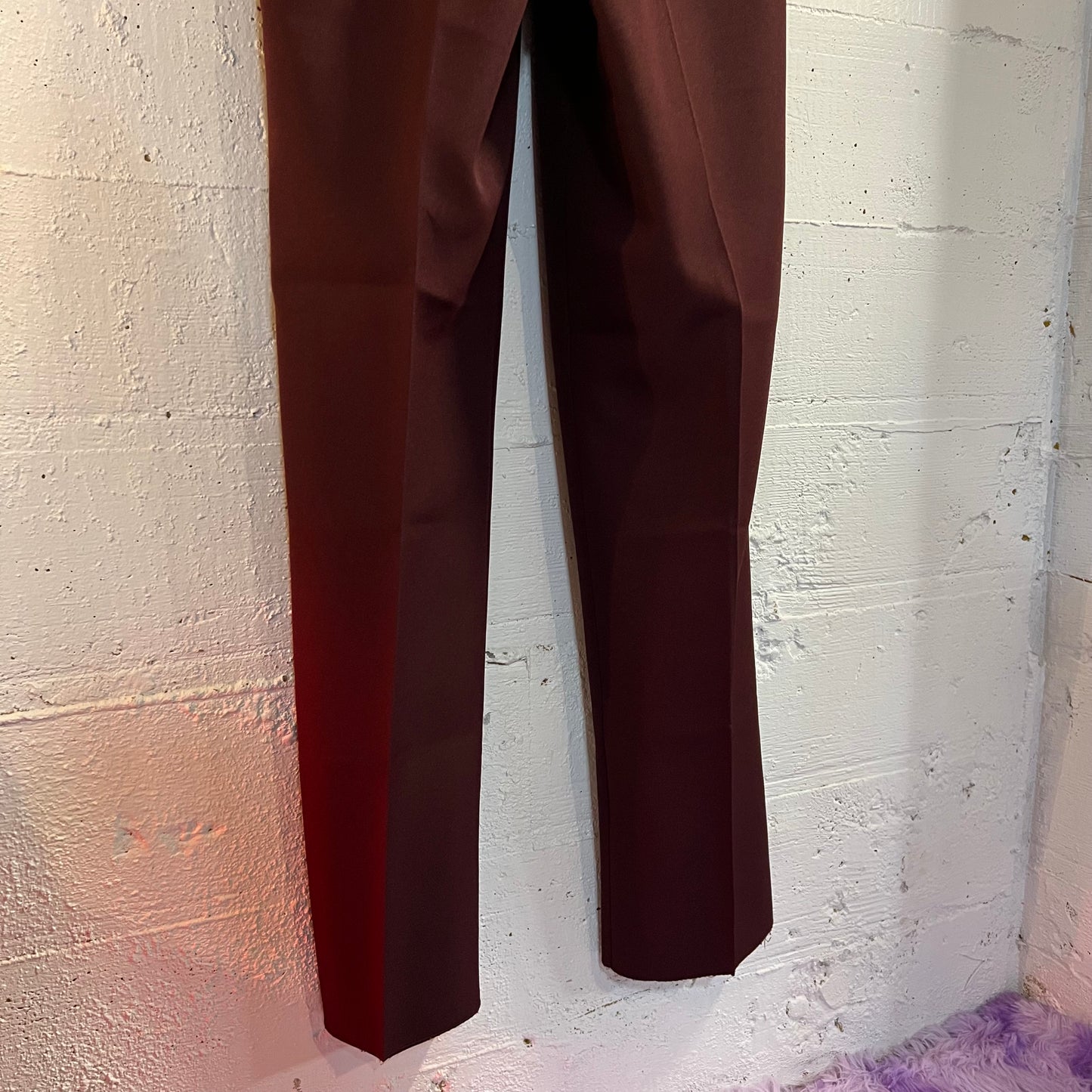 Vintage Pleated Loose Fit Straight Leg Dacron Unhemmed Trousers - Size 30" - Maroon