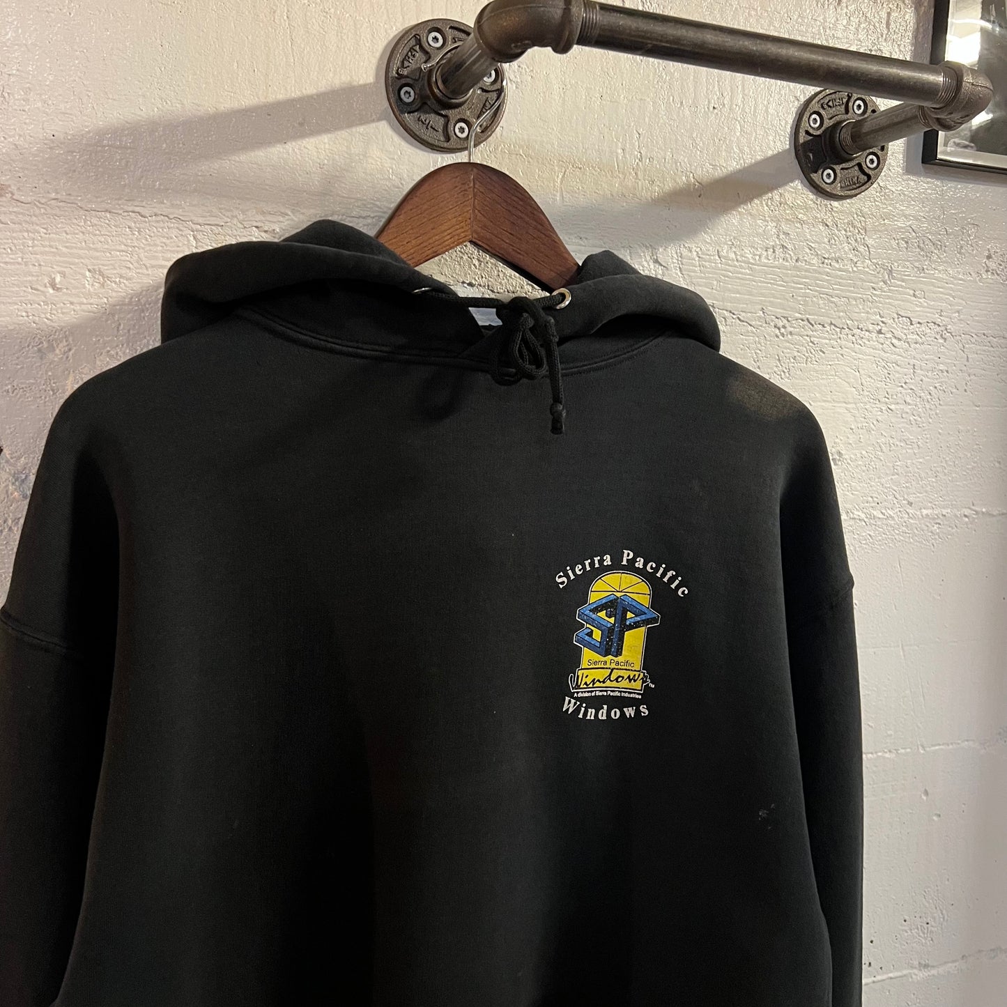Vintage Distressed Sierra Pacific Windows Cropped Hoodie Sweatshirt - Size Large - Faded Black