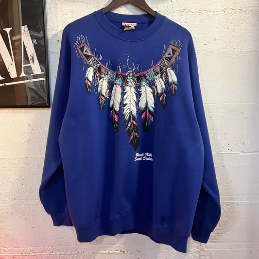 Vintage 90’s Black Hills South Dakota Puff Print Feather Crewneck Sweatshirt - Size XL - Blue/Multicolor