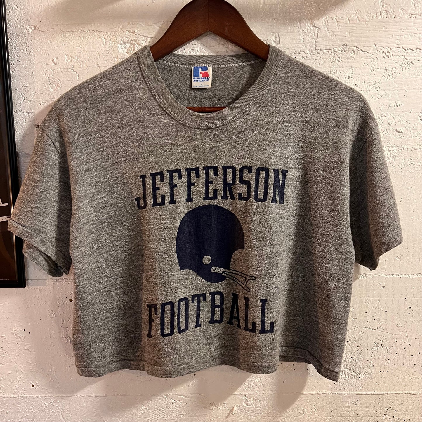 Vintage 80’s Russell Athletic Jefferson Football Cropped Baby Single Stitch T-Shirt - Size Large - Made In USA - Heather Grey/Navyi