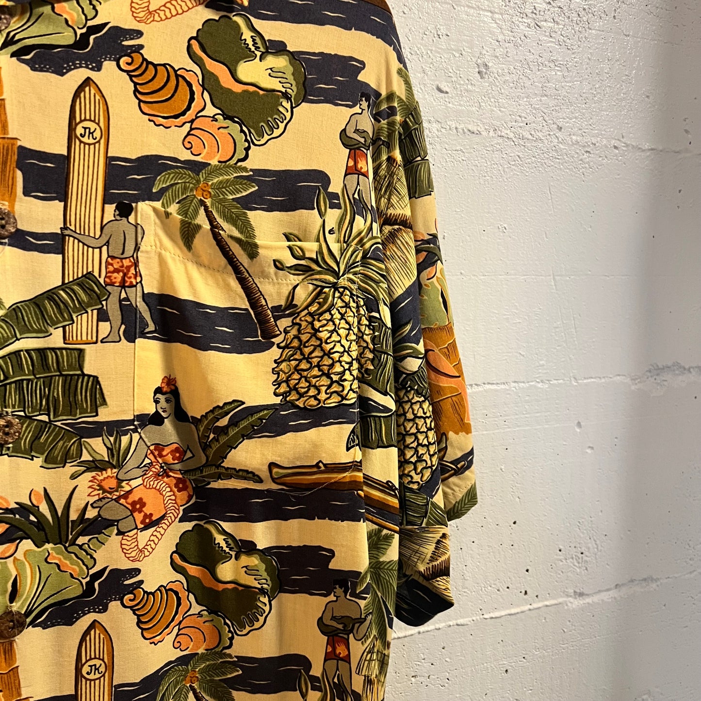 Vintage Joe Kealoha Hula Girl Surfer Rayon Aloha Shirt - Size Medium - Made In USA - 100% Rayon