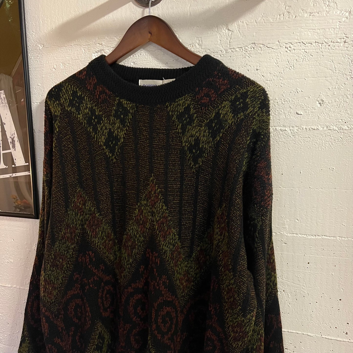 Vintage 90’s Robert Bruce Geometric Patterned Knitted Sweater - Size XL - Made In USA - Black/Red/Olive Green