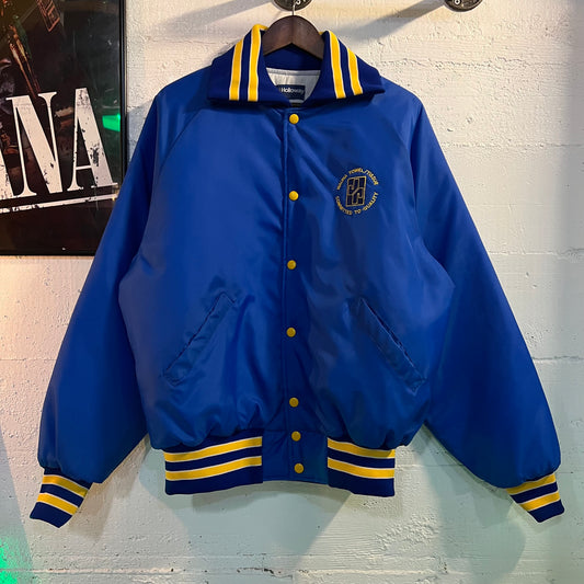 Vintage 90's Fold Down Collar Satin Bomber Jacket 'James River-Wauna Mill' - Size Large - Made In USA - Blue/Yellow