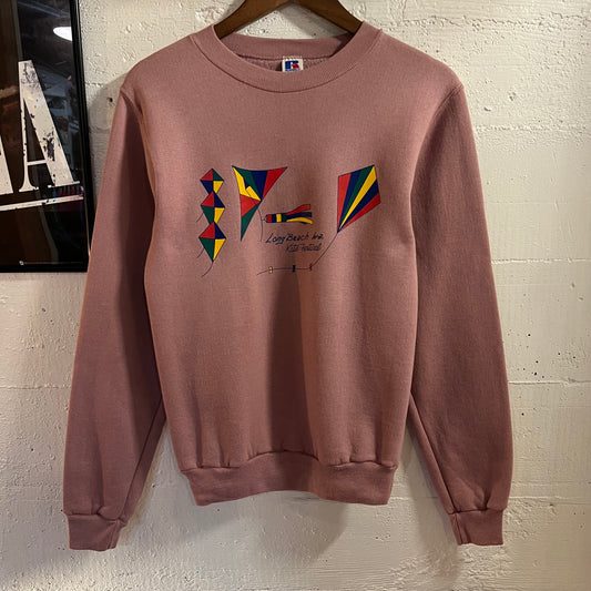 Vintage 80’s Russell Athletic Long Beach, WA Kite Festival Crewneck Sweatshirt - Size XS - Made In USA - Pink/Multi