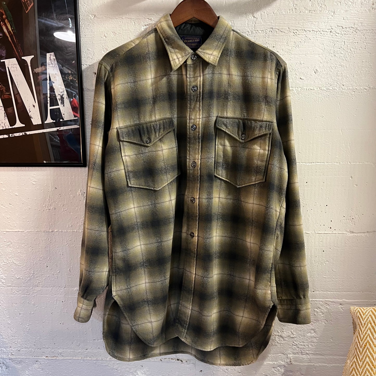 True Vintage 1950's Pendleton Wool Shadow Plaid Field Shirt - Size 16 (M/L) - Made In USA - Yellow/Gray - 100% Virgin Wool