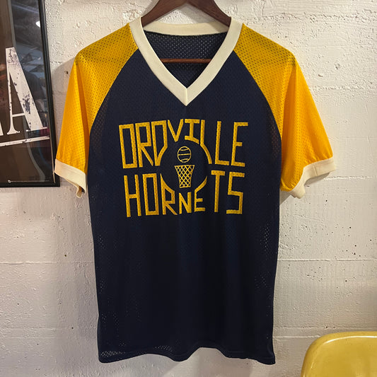 Vintage 1970's Mesh Oroville Hornets Basketball Shooting Ringer Jersey - Size Medium - Made In USA - Navy/Yellow