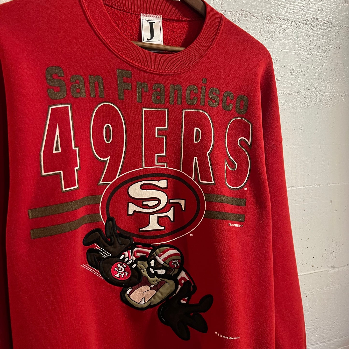 Vintage 1992 Embroidered San Francisco 49ers Taz Looney Tunes Crewneck Sweatshirt - Size XL - Made In USA - Red/Multi