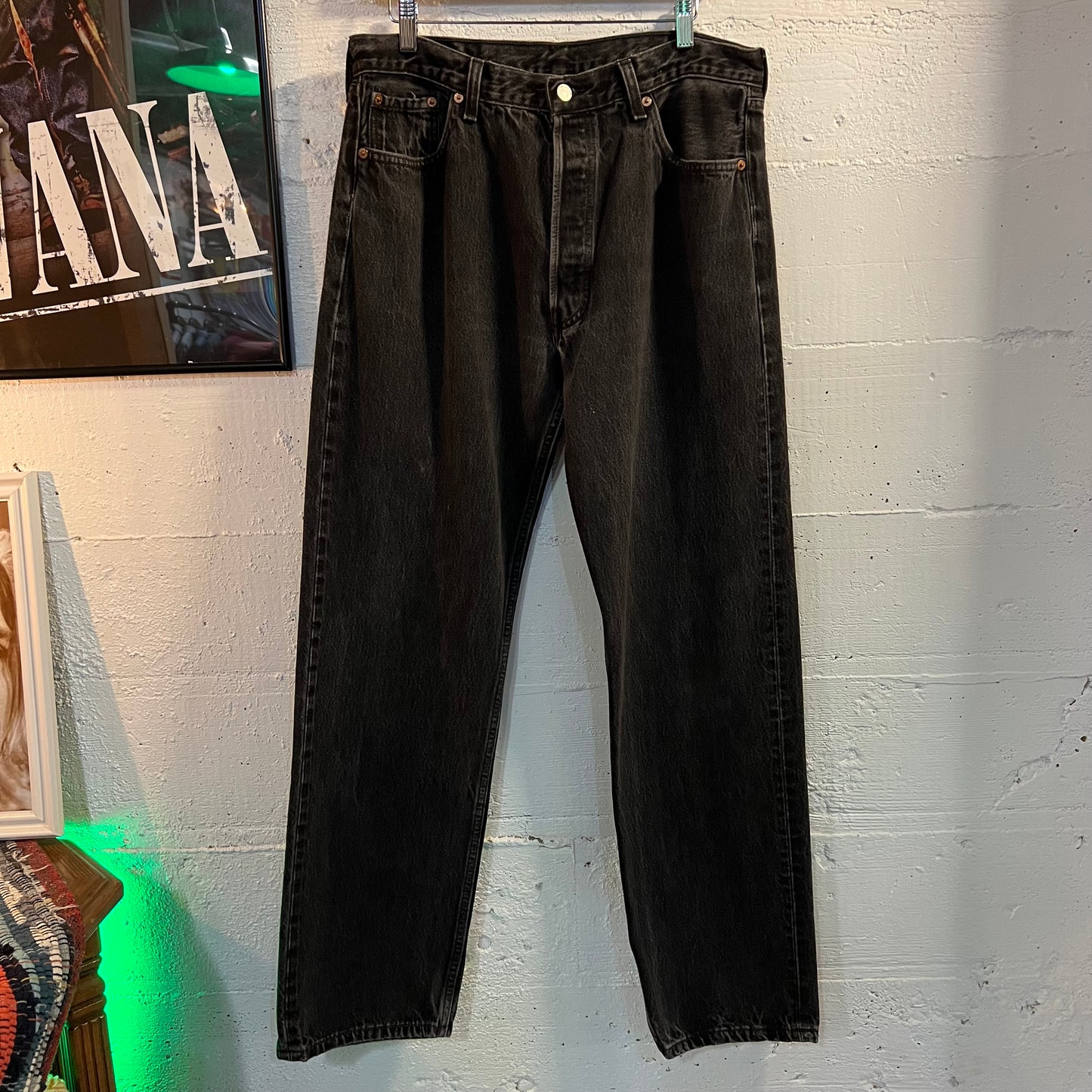 Vintage 90's Levi's 501 Button Fly Faded Black Denim Jean - Tag Size 36" x 32" - Made In USA