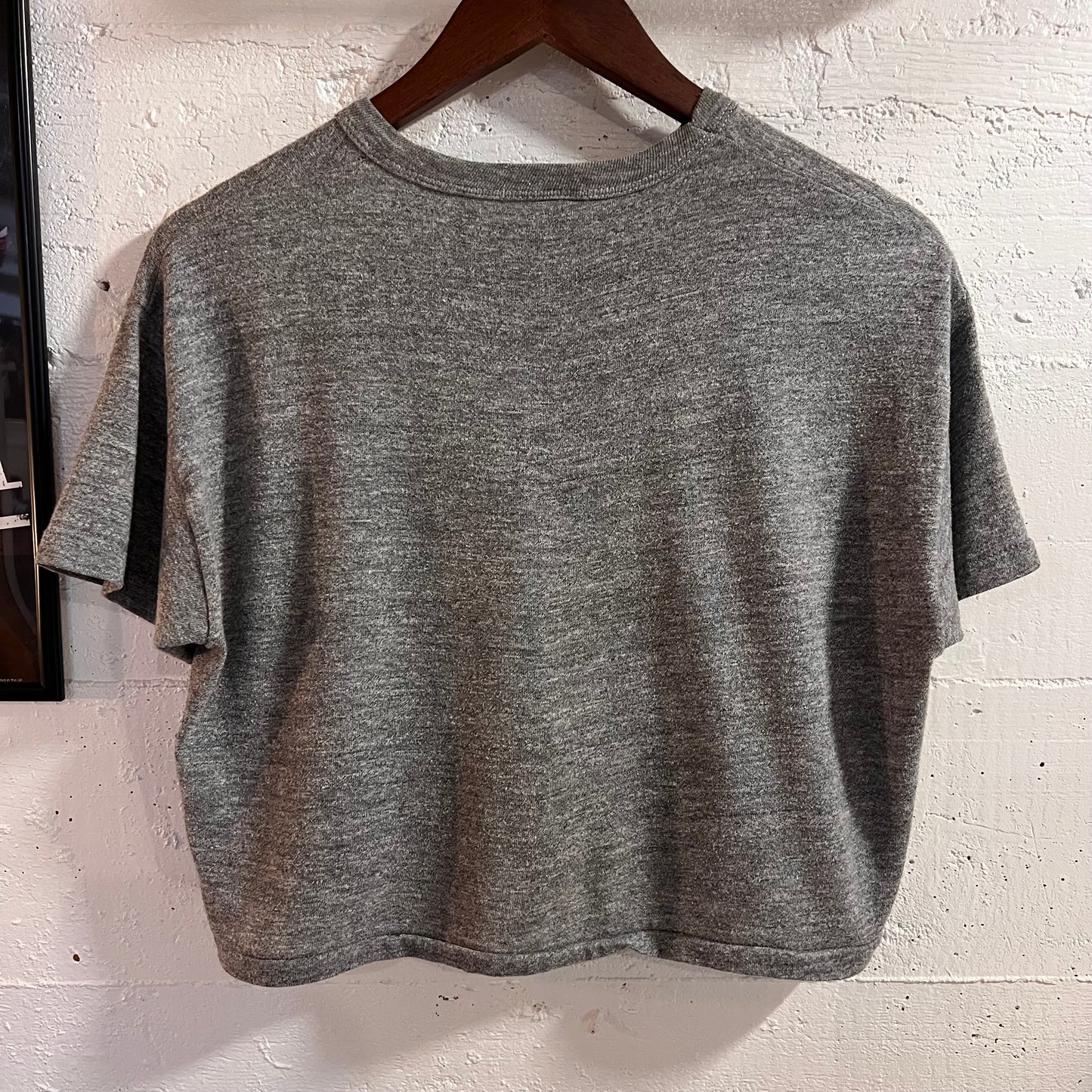 Vintage 80’s Russell Athletic Jefferson Football Cropped Baby Single Stitch T-Shirt - Size Large - Made In USA - Heather Grey/Navyi
