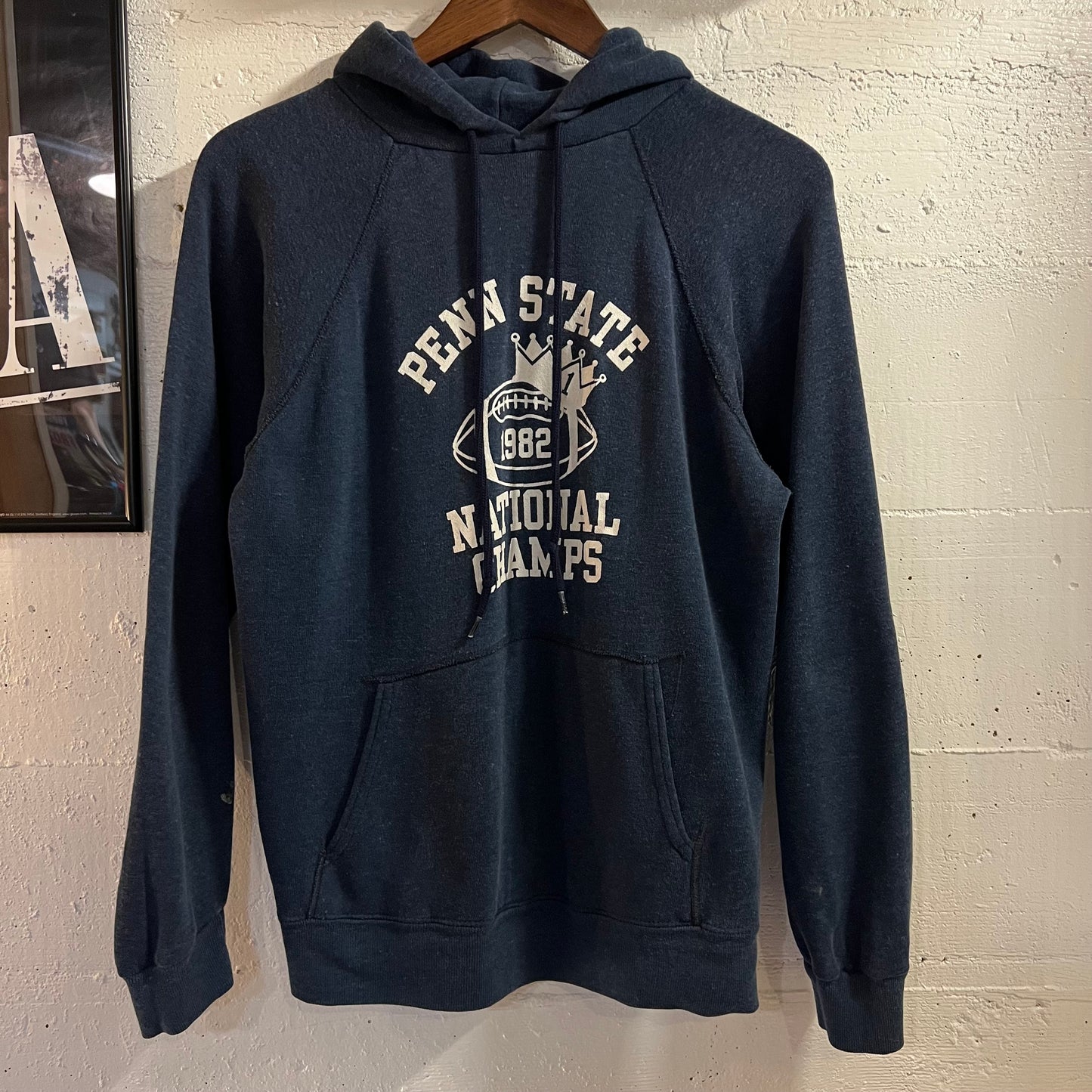 Vintage 1982 Penn State Football National Champs Raglan Hoodie Sweatshirt - Size Small - Made In USA - Navy/White