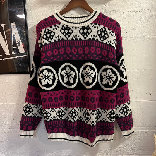 Vintage 90’s Cabin Creek Floral/Geometric Patterned Knit Sweater - Size Medium - Made In USA - White/Black/Purple/Pink