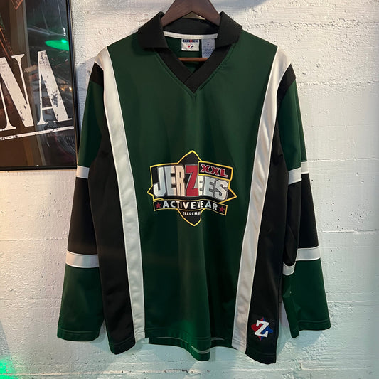 Vintage Jerzees Activewear Rugby Style Long Sleeve Jersey - Size Medium - Green/White/Black