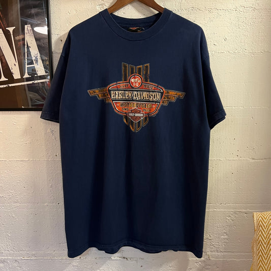 2008 Harley Davidson Wausau, Wisconsin Graphic T-Shirt - Size XL - Navy/Multi