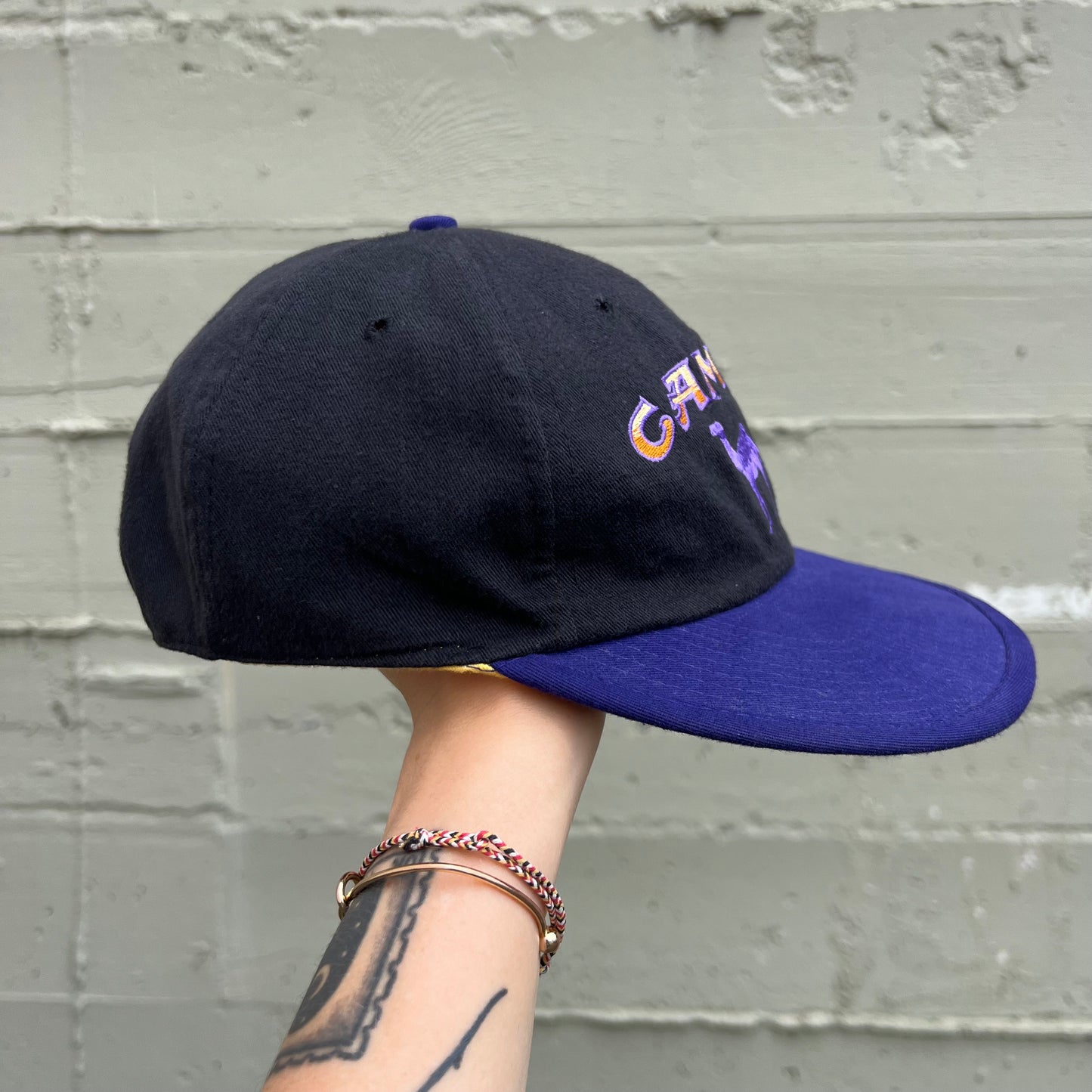 Vintage 90's Smokin Joe Camel Racing Reversible Strapback Hat - O/S - Black/Purple/Yellow