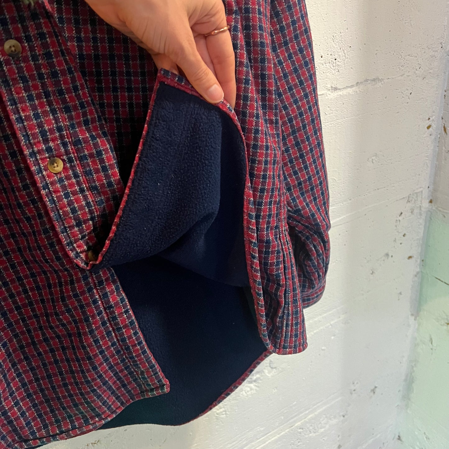 Vintage L.L. Bean Fleece Lined Plaid Flannel Shirt Jacket - Size Large - Made In USA - Red/Blue