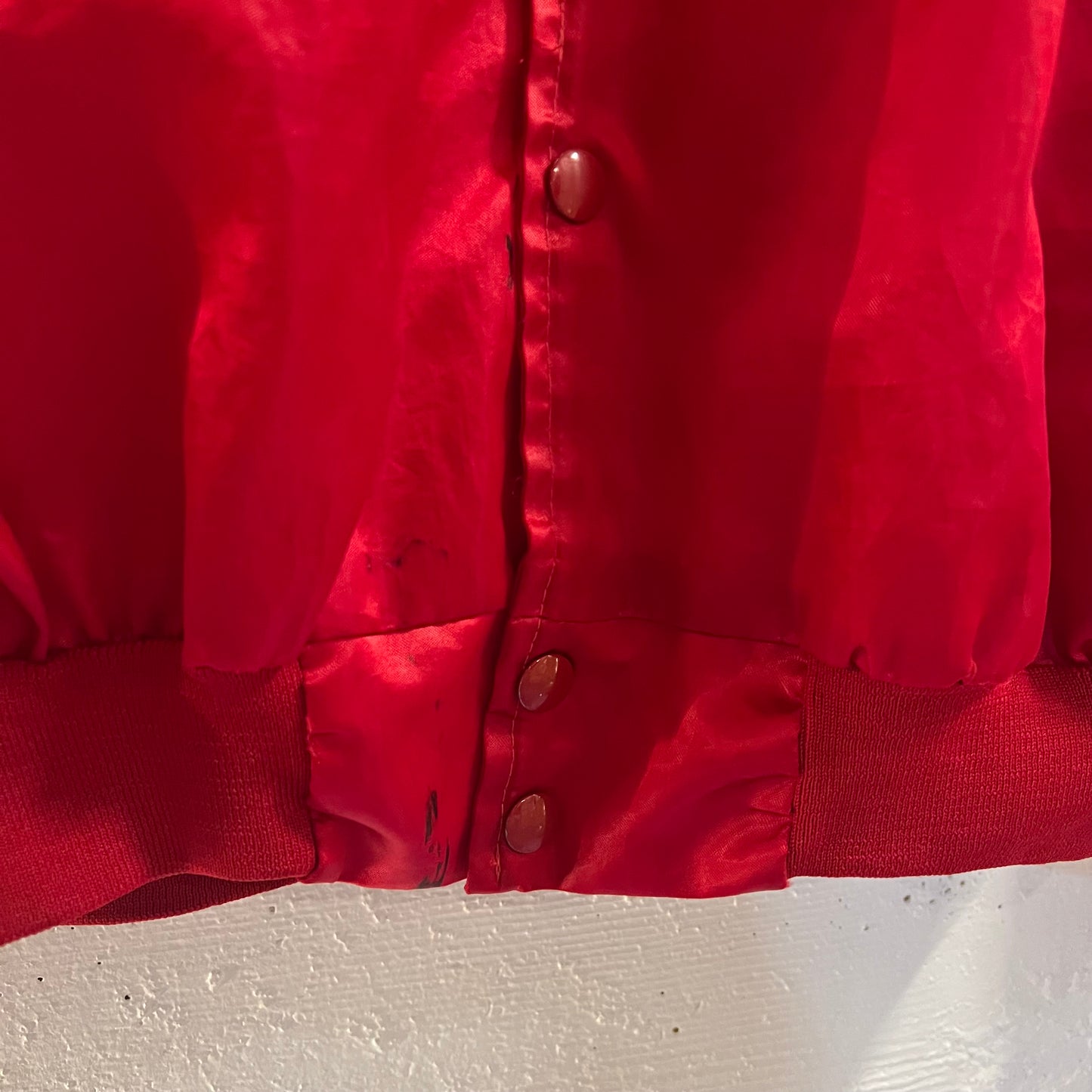 Vintage 1980's Highlander Bowl Mt. St Helens Invitational 'Kelso WA' Satin Bomber Jacket - Size XL - Union Made In USA - Red/White