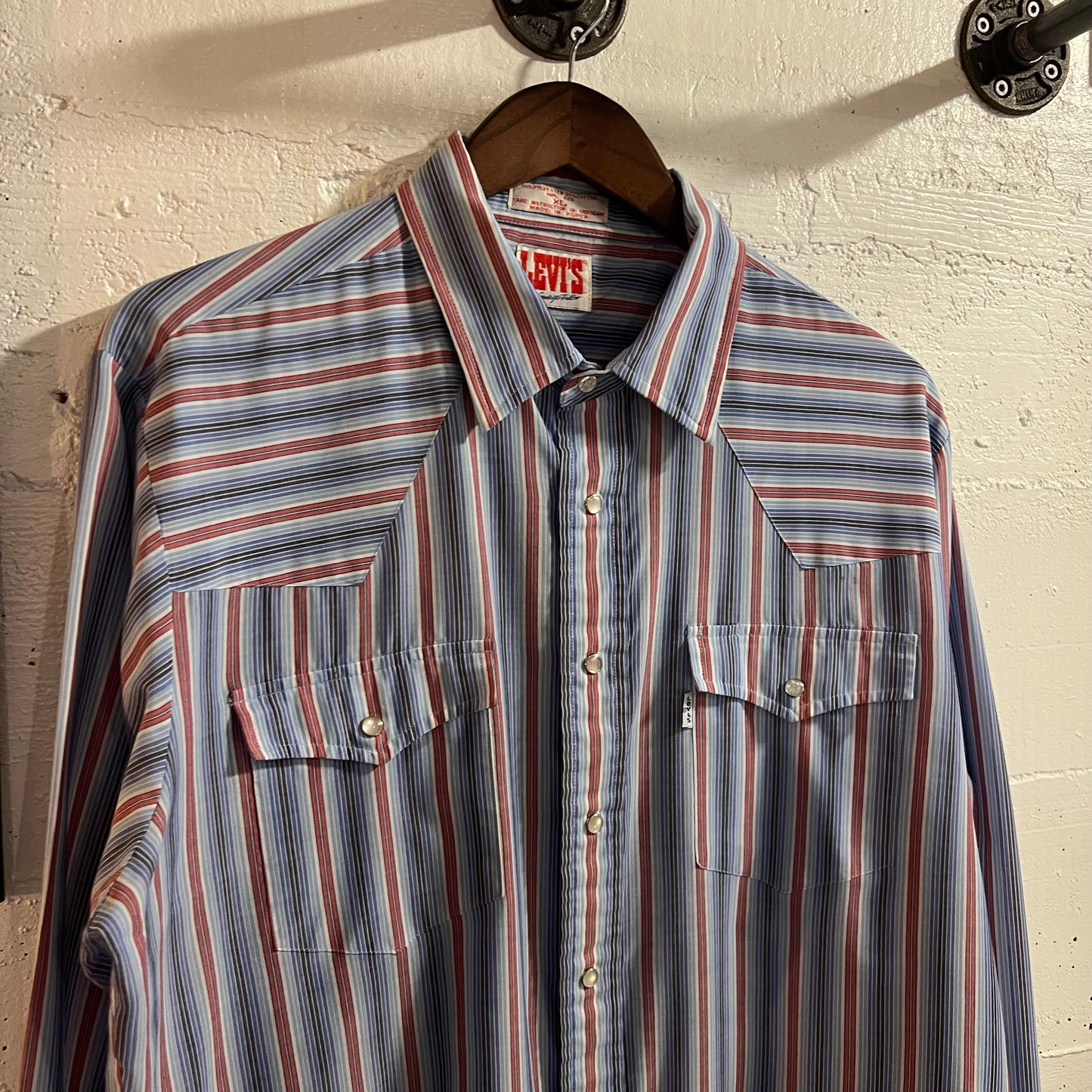 Vintage 80’s Levi’s Striped Pearl Snap Western Yoke Long Sleeve Cowboy Shirt - Size XL - Blue/Red/White/Black