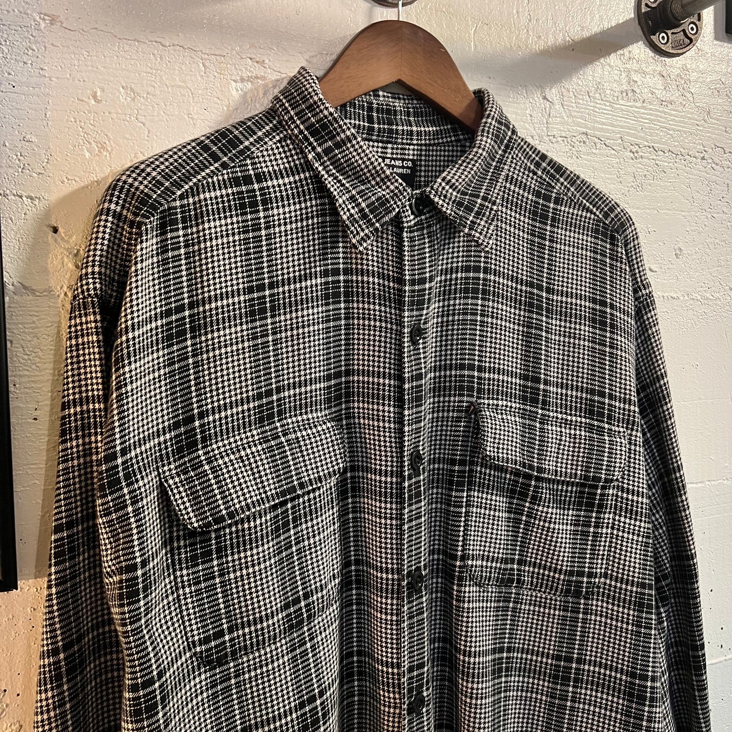 Vintage 90's Polo Jeans Ralph Lauren Houndstooth Micro Plaid Button Up Cotton Flannel Shirt - Size XL - Black/White