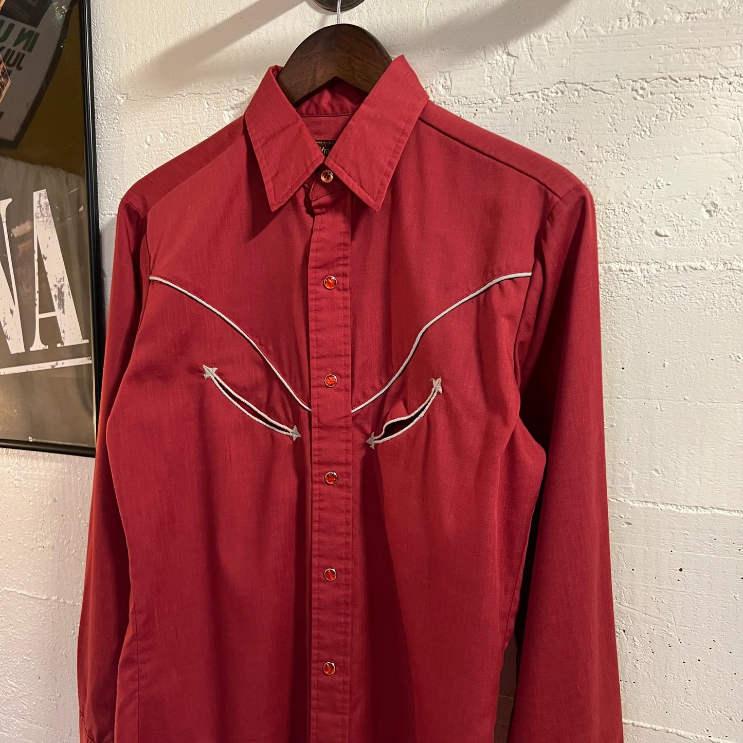 Vintage 1970's Wrangler Western Yoke Pearl Snap Western Shirt - Size Medium - Made In USA - Maroon/Silver