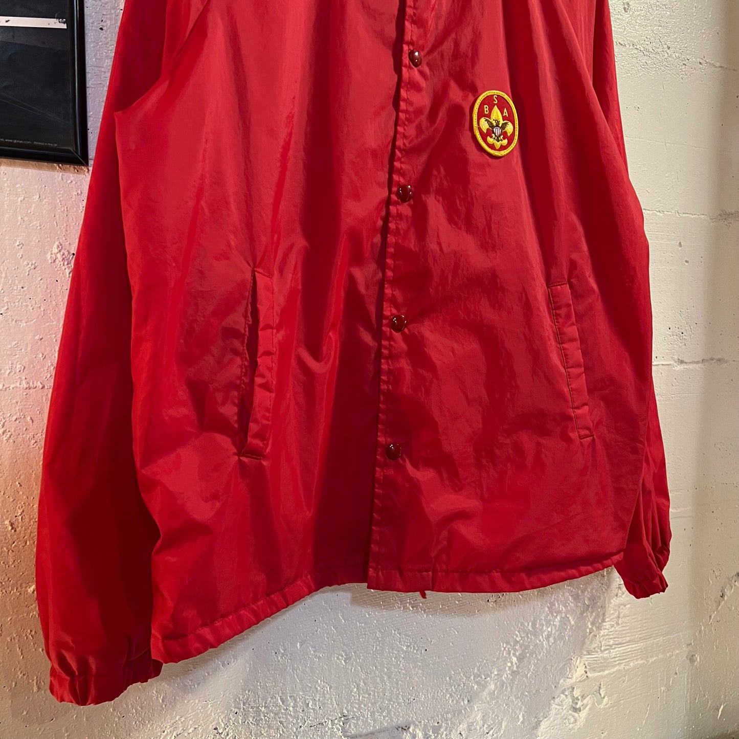 Vintage 1980's Boy Scouts Of America Patch Nylon Coaches Jacket - Size Medium - Made In USA - Red
