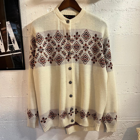 True Vintage 1960's Jersild Sportswear Nordic Cardigan Sweater - Size Large - Made In USA - White/Maroon
