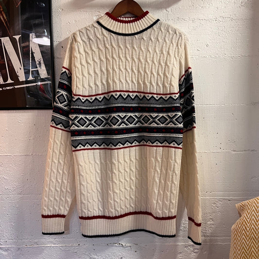 Vintage 70’s Lord Jeff Fair Isle Chest-Stripe Cable Knit Patterned Knitted Sweater - Size Large - Made In USA - White/Maroon/Navy