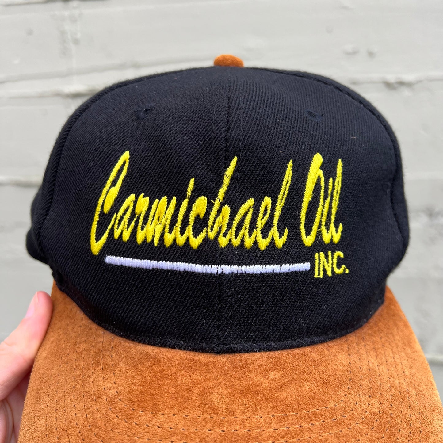 Vintage Embroidered Carmichael Oil Inc. Snap Back W/ Leather Bill Hat - One Size Fits Most - Black/Yellow/White/Brown