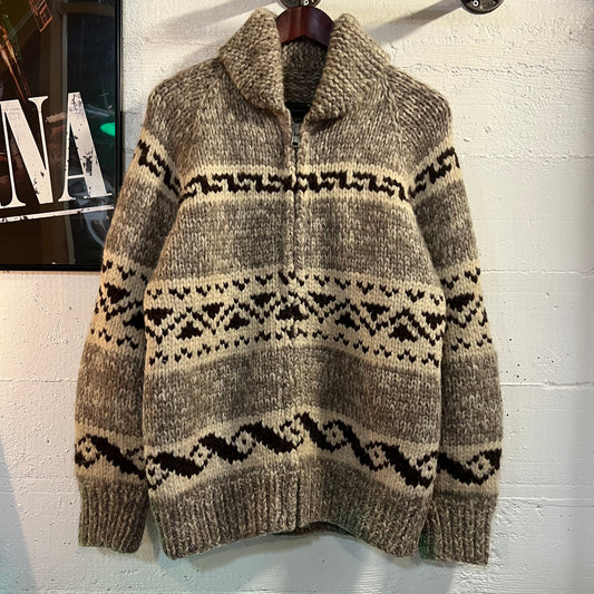 Vintage 60's Cowichan Intarsia Heavy Knit Wool Sweater Acme Zipper - Size Large - Made In USA - 100% Wool
