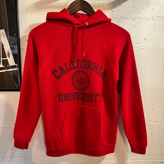 Vintage 80’s California University Of Pennsylvania Raglan Sleeve Hoodie Sweatshirt - Size Youth Large - Made In USA - Red/Black