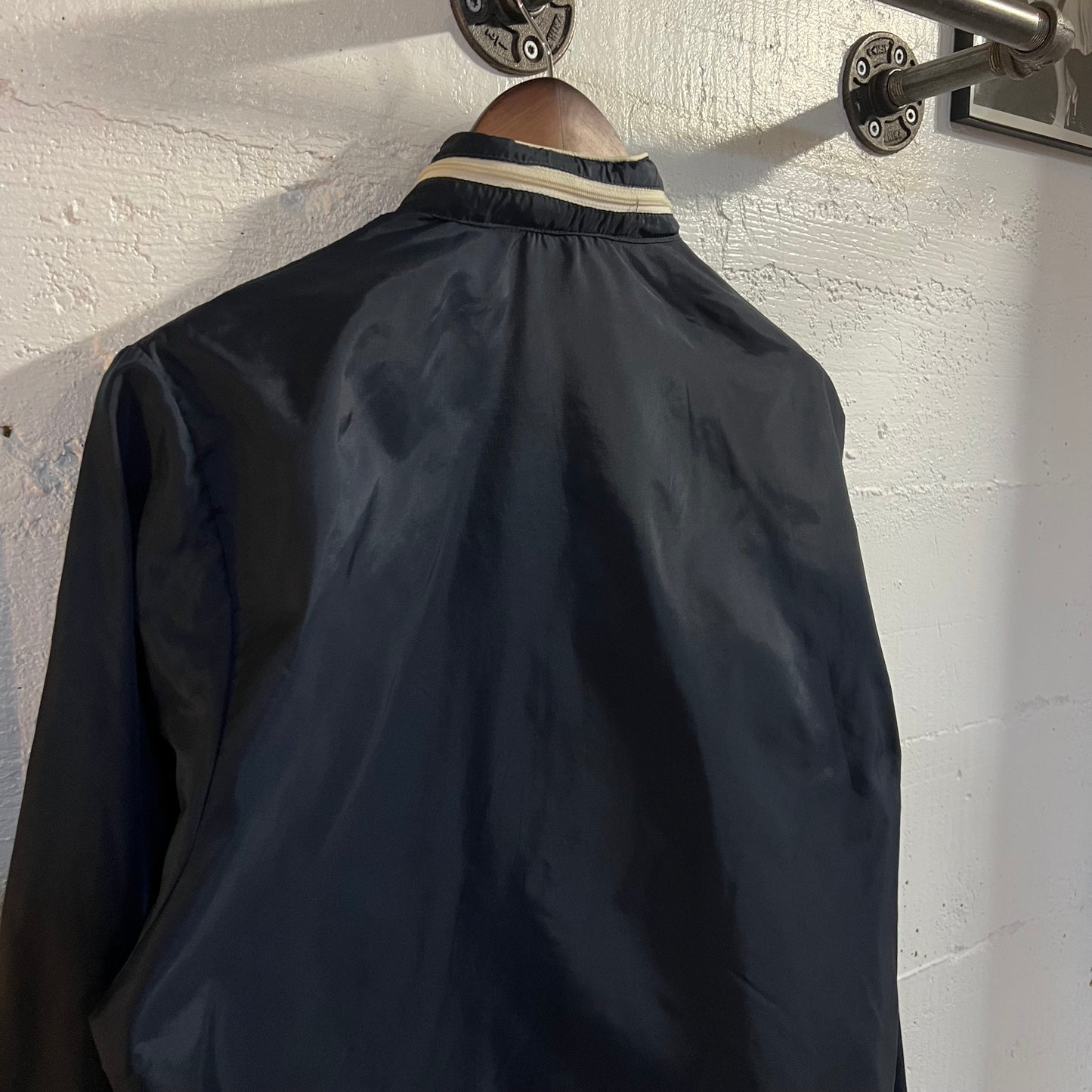 Vintage 1970's Caribu By Briarcliff Piping Racer Style Zip Nylon Windbreaker Jacket - Size Medium - Navy/Red/White