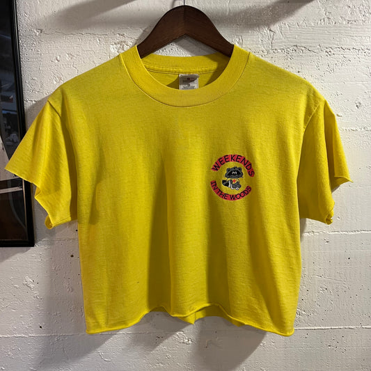 Vintage 90’s Camp Iti Kana Weekends In The Woods Cropped Baby T-Shirt - Size Medium - Yellow/Black/Pink