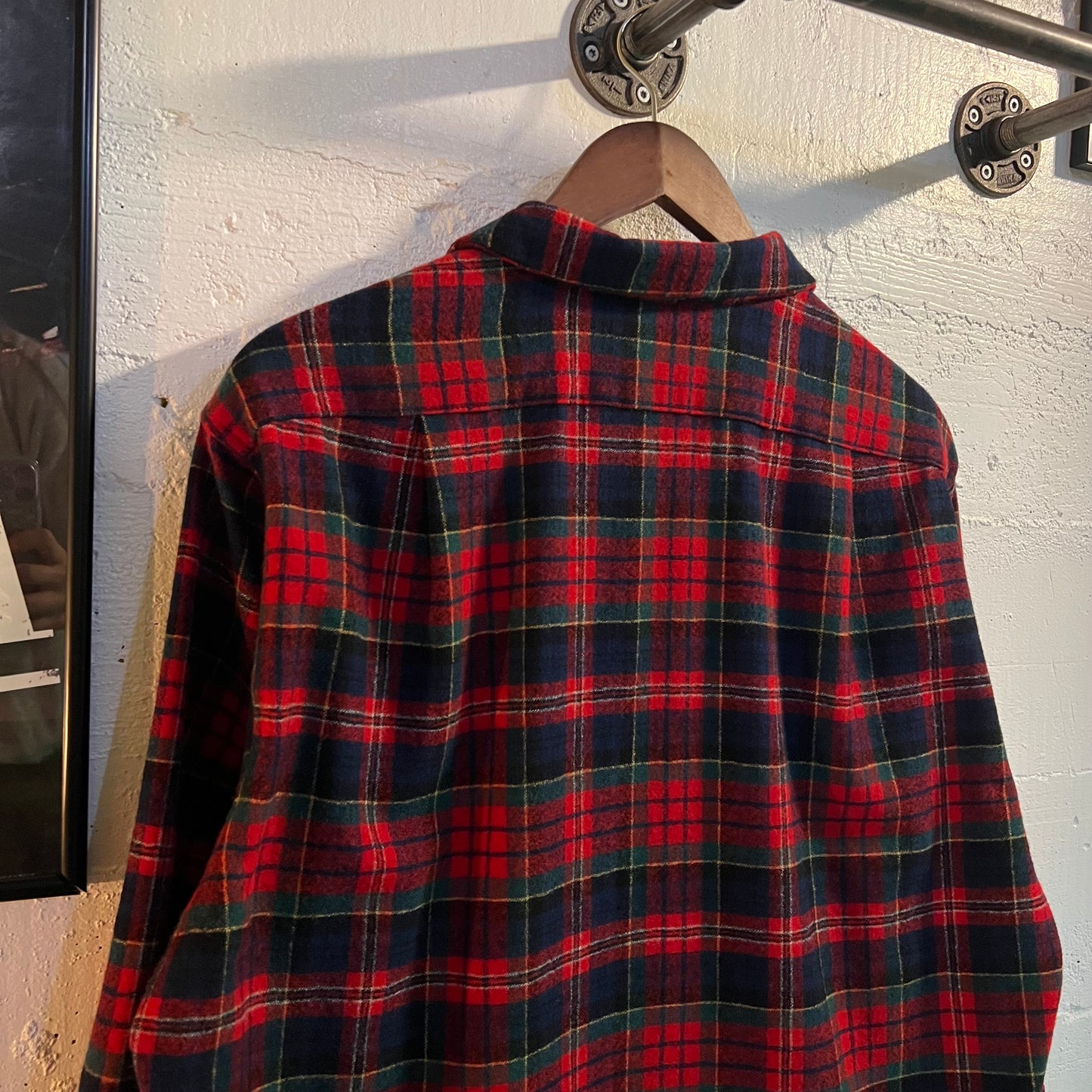 Vintage 60's/70's Pendleton Plaid Virgin Wool Board Shirt W/ Loop Collar - Size Large - Made In USA - Red/Green/Blue/Yellow