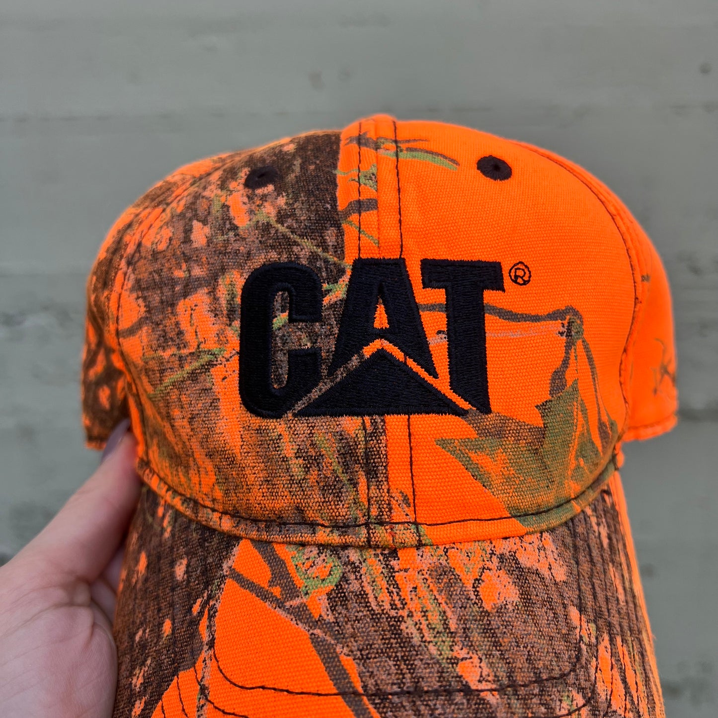 Vintage Y2K CAT Blaze Orange Real Tree Camo Strapback Hat - O/S - Blaze-Orange