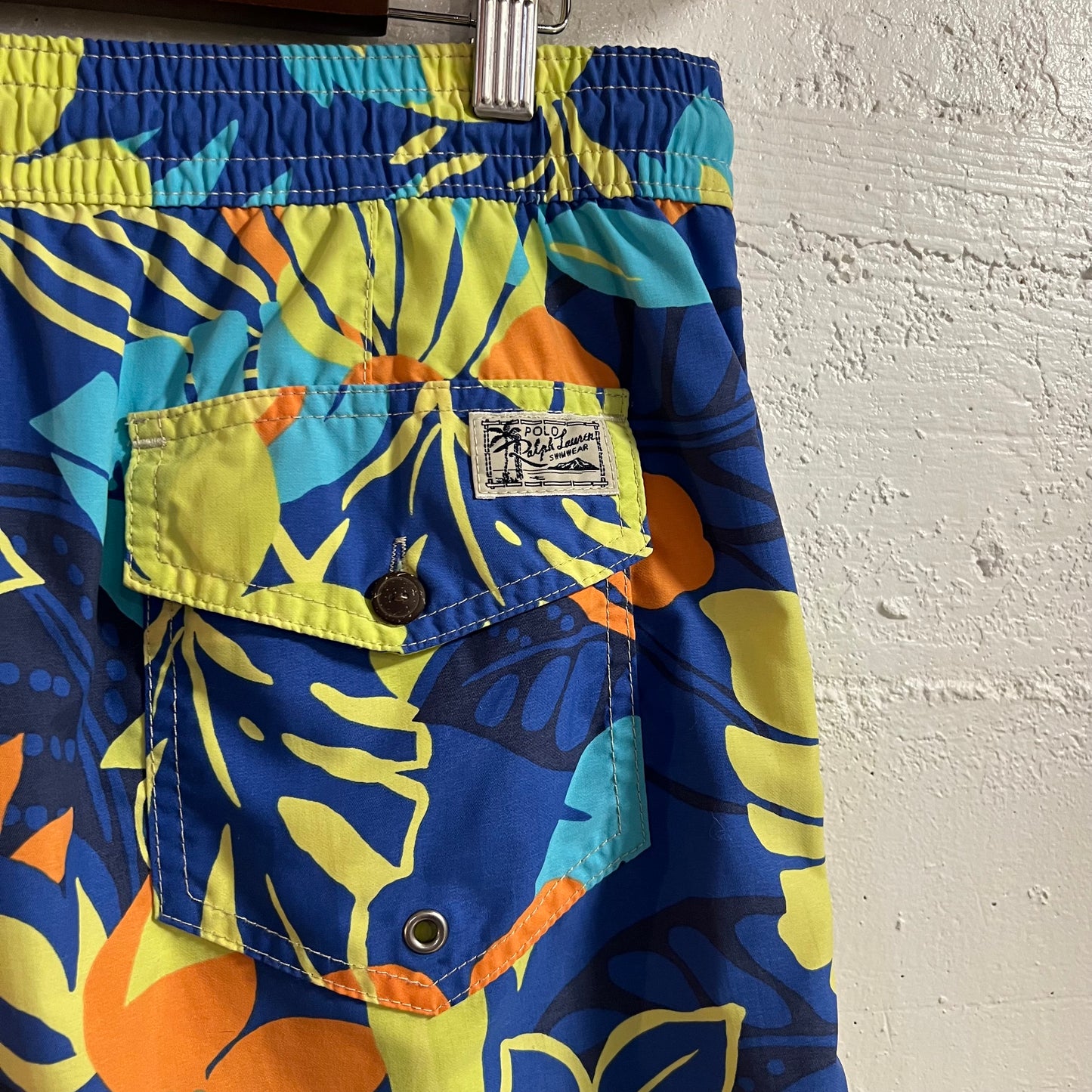 Polo Ralph Lauren Swimwear Tropical Floral Print Swim Trunks - Size Medium - Blue/Orange/Chartreuse
