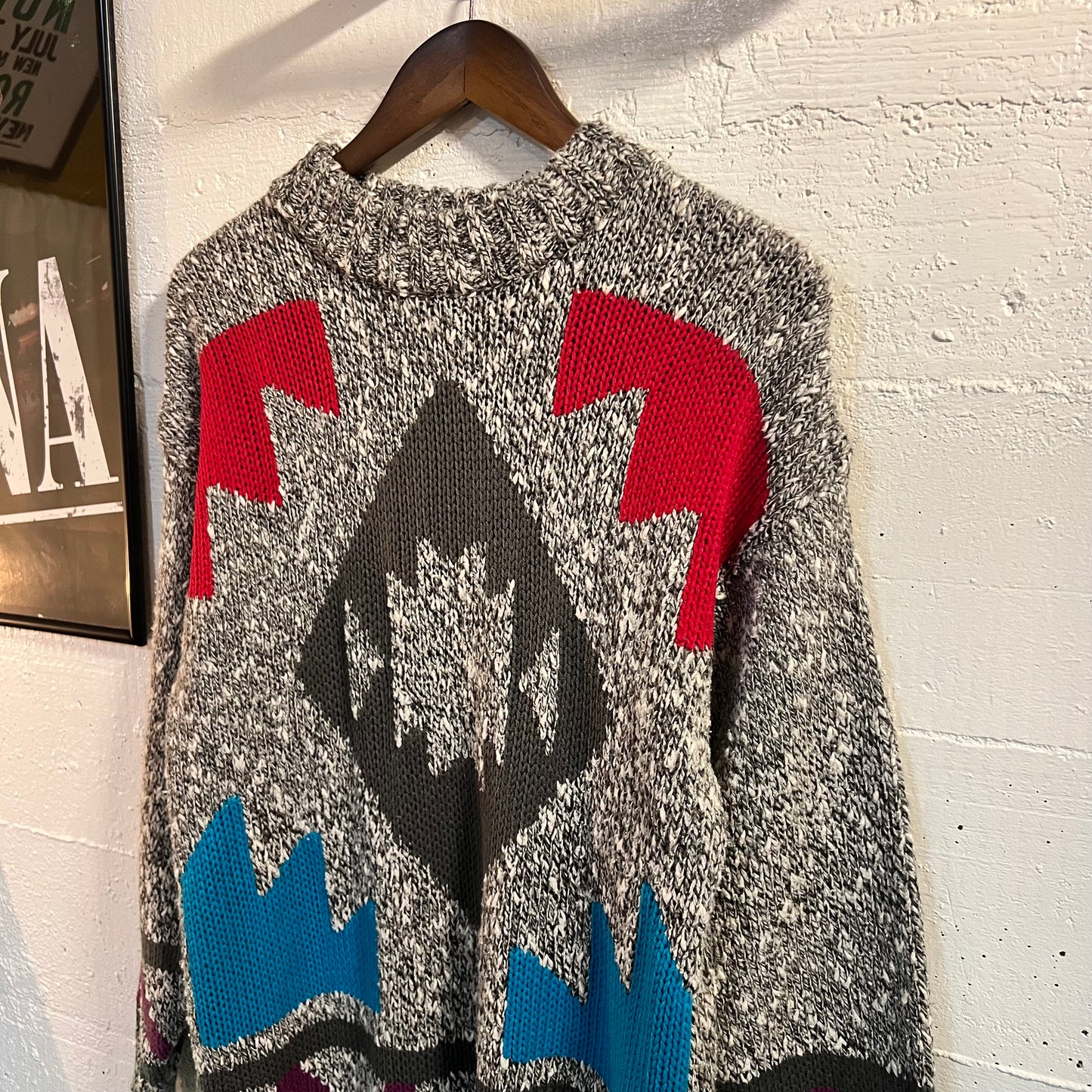 Vintage 1980's Southwestern Intarsia Pattern Knit Crewneck Sweater - Size Medium - Salt & Pepper/Multi
