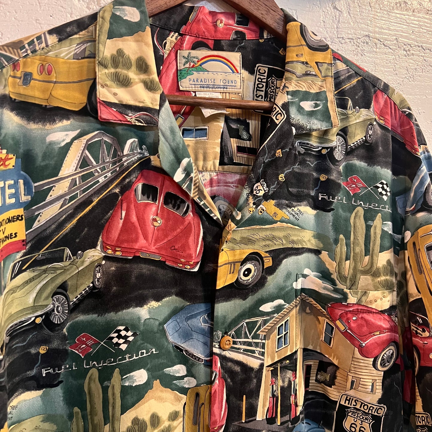 Vintage Paradise Found Corvette 'Route 66' Rayon Aloha Hawaiian Shirt - Size Large - Made In Hawaii (USA)