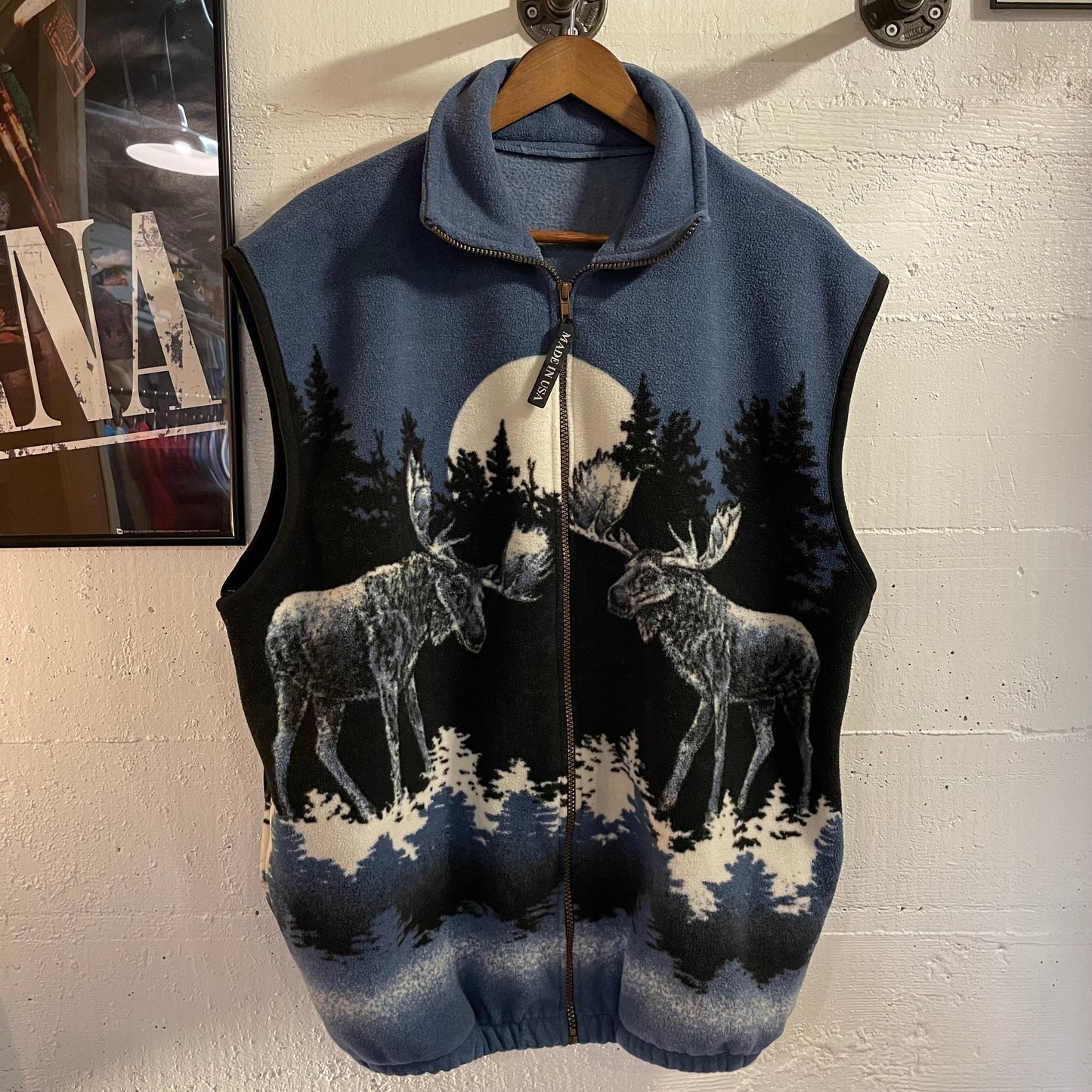 Vintage 90's All Over Print Moonlight Moose Fleece Zip-Up Vest - Size Large - Made In USA